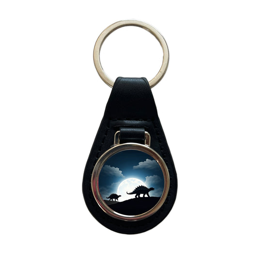 Ankylosaurus Silhouettes Dinosaurs Black Leather Metal Keychain