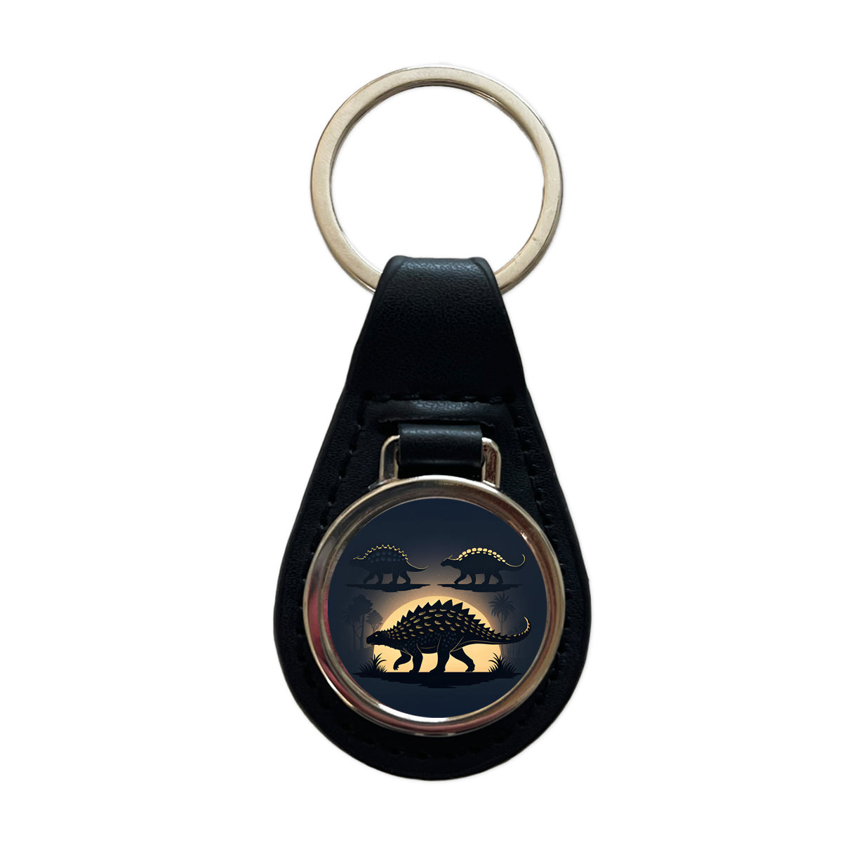 Ankylosaurus Silhouettes Walking Dinosaurs Black Leather Metal Keychain