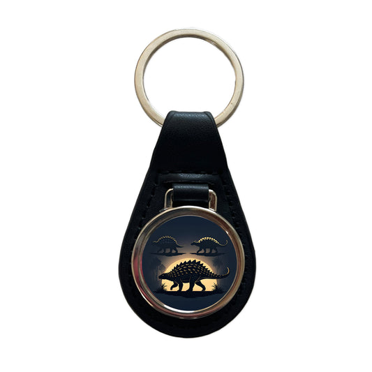 Ankylosaurus Silhouettes Walking Dinosaurs Black Leather Metal Keychain