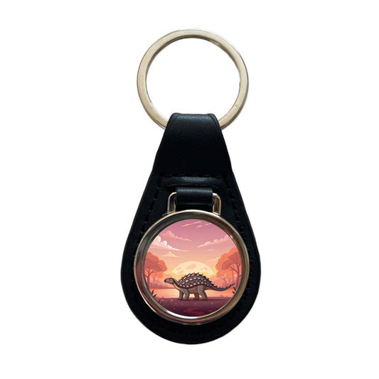 Ankylosaurus Sunset Dinosaur Black Leather Metal Keychain