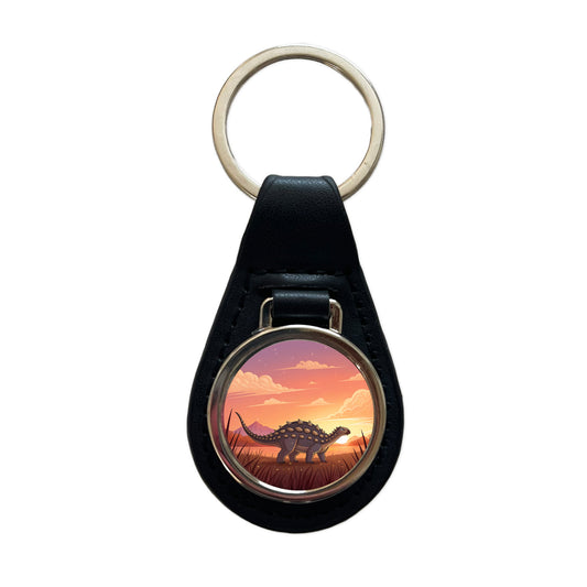 Ankylosaurus Sunset Sunrise Dinosaur Black Leather Metal Keychain