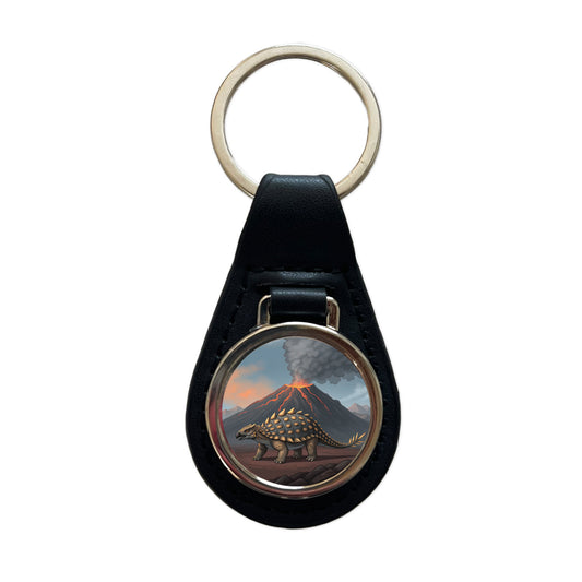 Ankylosaurus Volcano Erupting Dinosaur Black Leather Metal Keychain