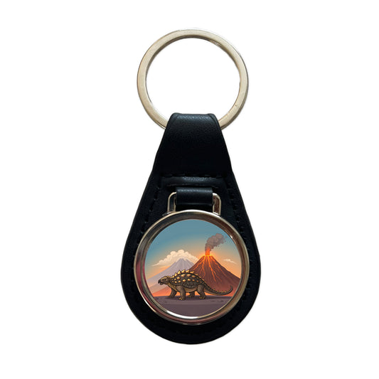 Ankylosaurus Volcanos Dinosaur Black Leather Metal Keychain