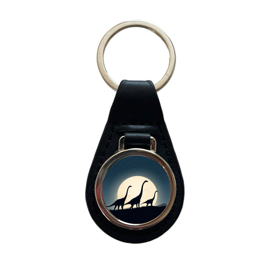 Apatosaurus Silhouettes Moon Night Dinosaurs Black Leather Metal Keychain