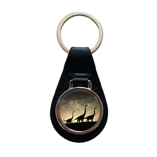 Apatosaurus Silhouettes Walking Dinosaurs Black Leather Metal Keychain