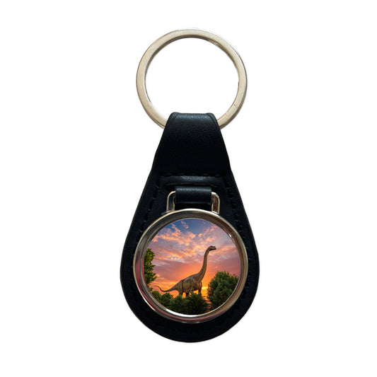 Apatosaurus Sunset Dinosaur Black Leather Metal Keychain