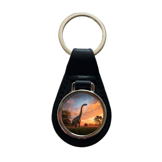 Apatosaurus Sunset Sunrise Dinosaur Black Leather Metal Keychain