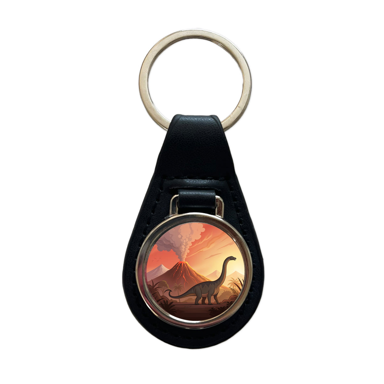 Apatosaurus Volcano Black Leather Metal Keychain
