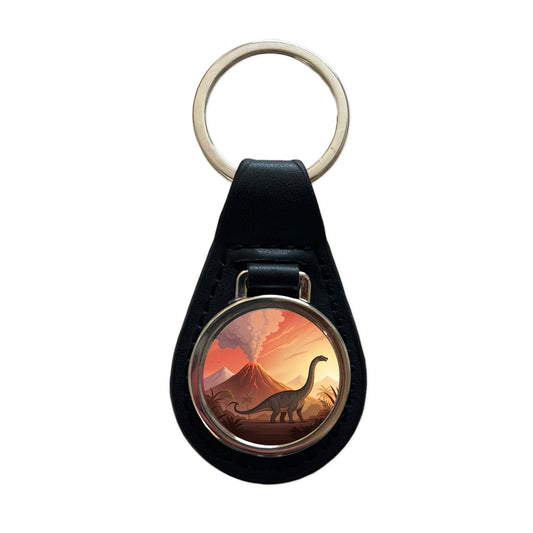 Apatosaurus Volcano Black Leather Metal Keychain