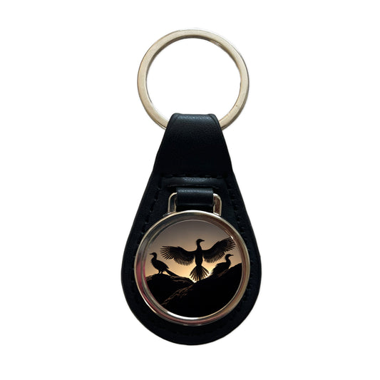 Archaeopteryx Silhouettes Dinosaurs Black Leather Metal Keychain