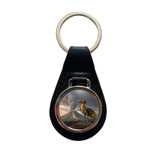 Archaeopteryx Volcano Dinosaur Black Leather Metal Keychain