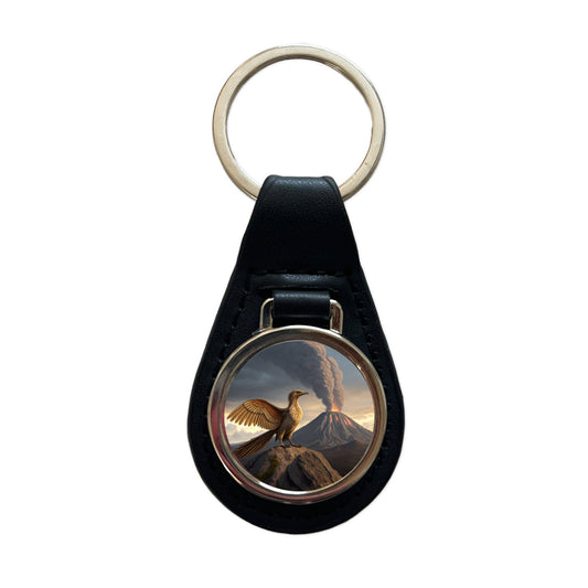 Archaeopteryx Volcano Erupting Dinosaur Black Leather Metal Keychain