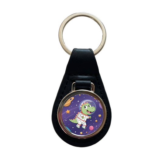 Astronaut Dinosaur Floating Outer Space Planets Black Leather Metal Keychain