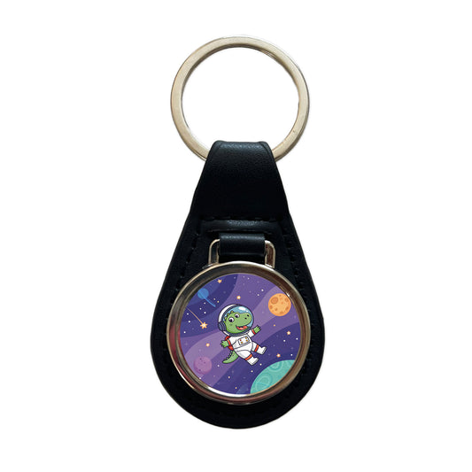 Astronaut Dinosaur In Space Suit Planets Black Leather Metal Keychain