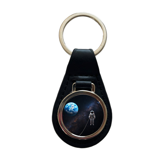 Astronaut Drifting In Space Earth Black Leather Metal Keychain