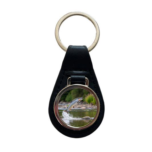 Atlantic Salmon Fish Jumping Fishing River Black Leather Metal Keychain