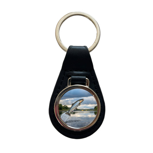 Atlantic Salmon Fish Jumping Fishing Black Leather Metal Keychain