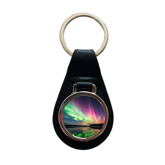 Aurora Borealis Northern Lights Over Lake Black Leather Metal Keychain