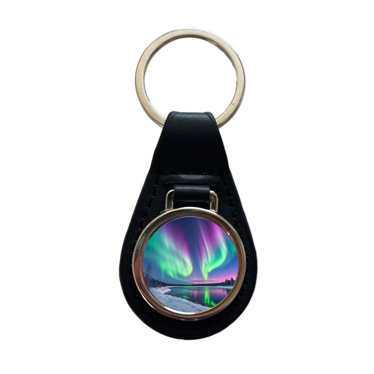 Aurora Borealis Northern Southern Lights Colorful Beautiful Black Leather Metal Keychain