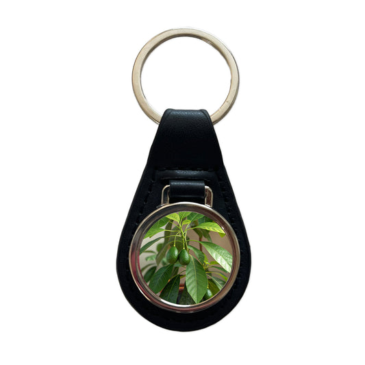 Avocados On Plant Black Leather Metal Keychain