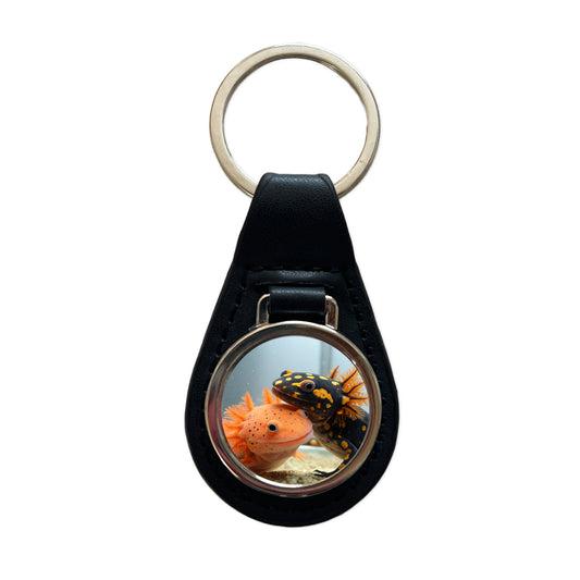 Axolotls Hugging Black Leather Metal Keychain