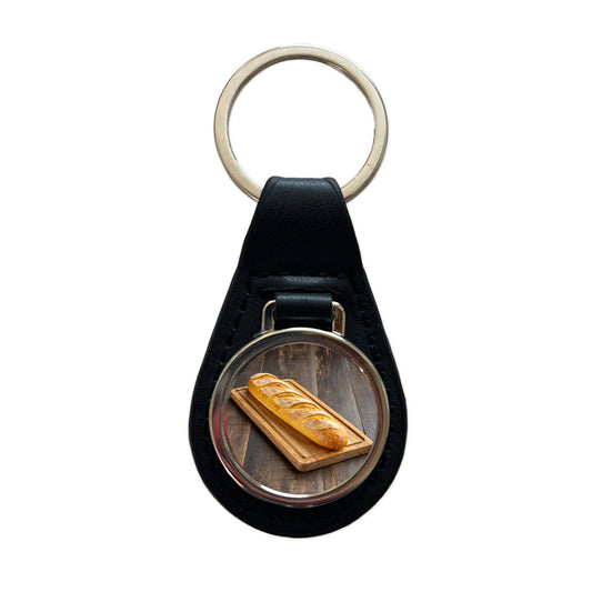 Baguette Bread Board Black Leather Metal Keychain