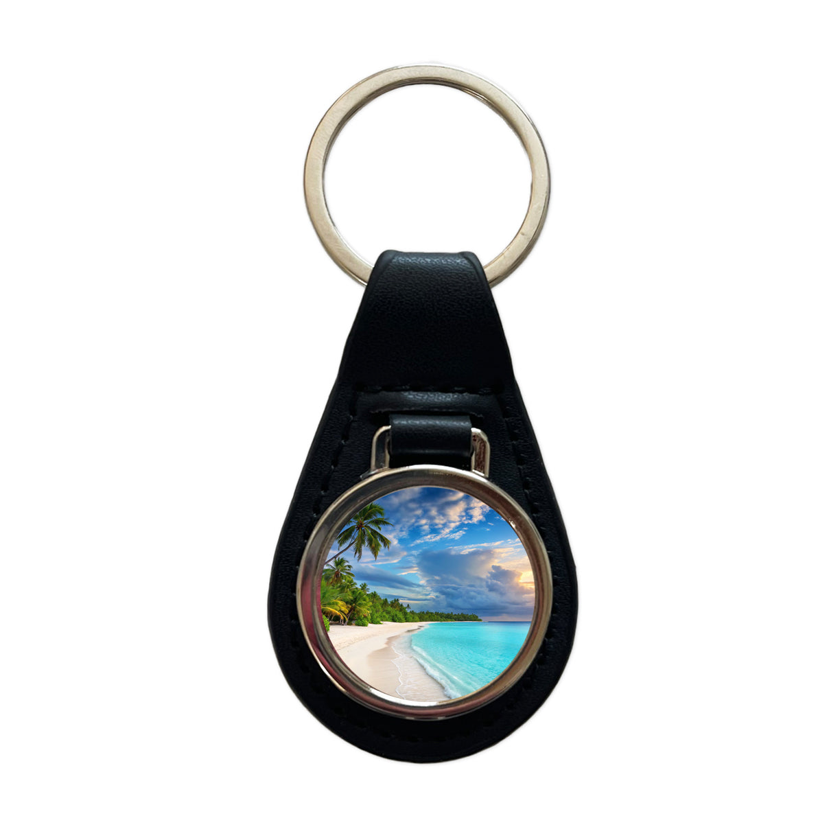 Bali Indonesia Beach Ocean Palm Trees Black Leather Metal Keychain