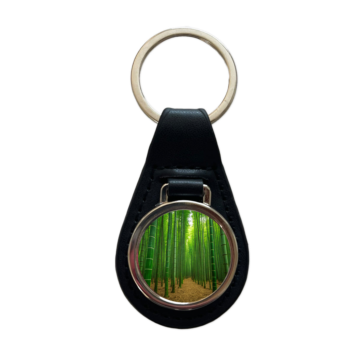 Bamboo Grove Forest Black Leather Metal Keychain