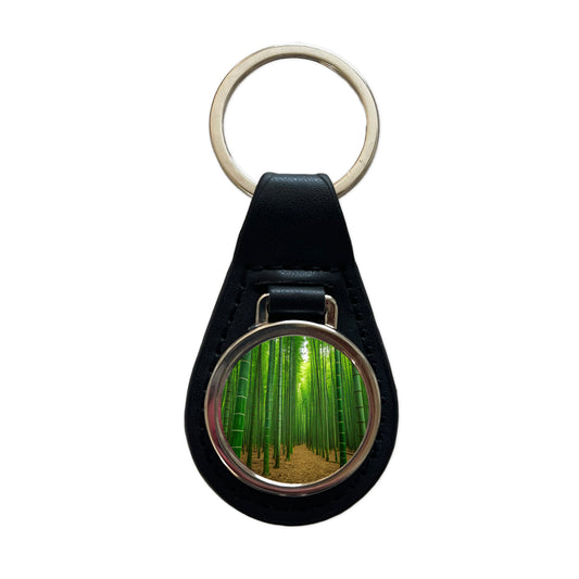 Bamboo Grove Forest Black Leather Metal Keychain