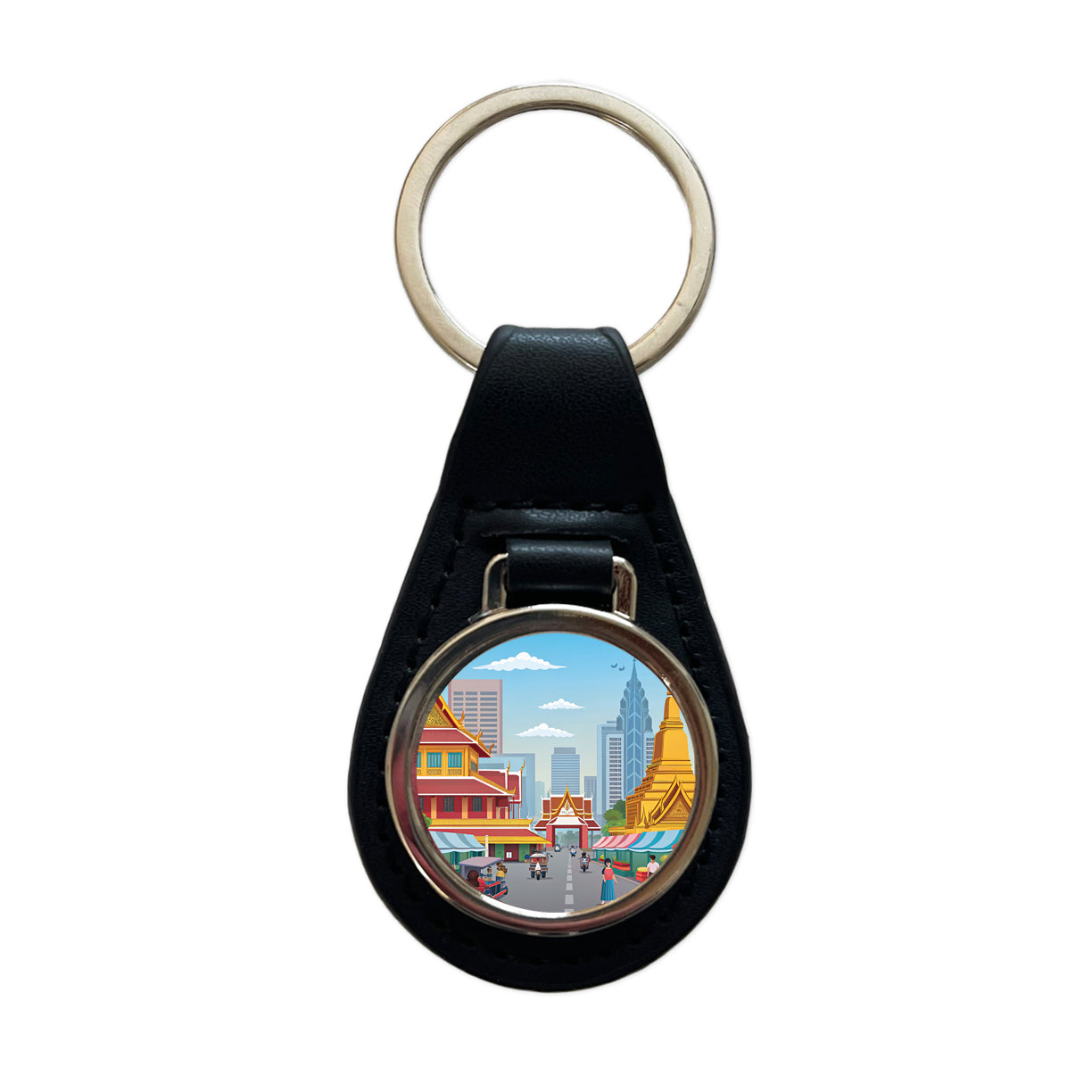 Bangkok Thailand Drawing Black Leather Metal Keychain