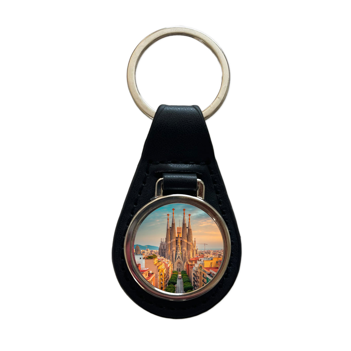 Barcelona Spain Beautiful Black Leather Metal Keychain