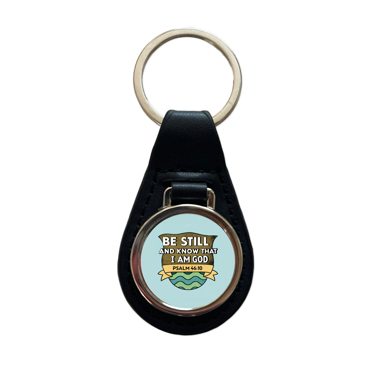 Be Still And Know That I Am God Psalm Bible Verse Black Leather Metal Keychain