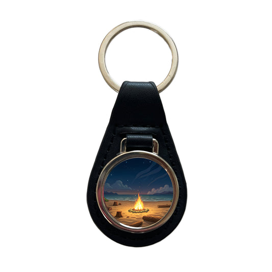 Beach Bonfire Drawing Black Leather Metal Keychain