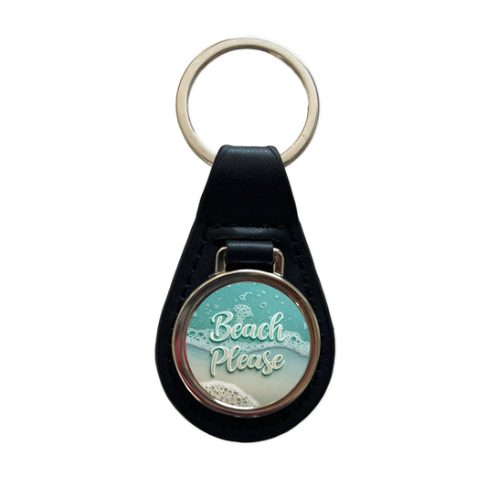 Beach Please Sea Foam Ocean Black Leather Metal Keychain
