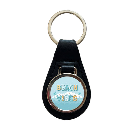 Beach Vibes Sea Foam Ocean Black Leather Metal Keychain