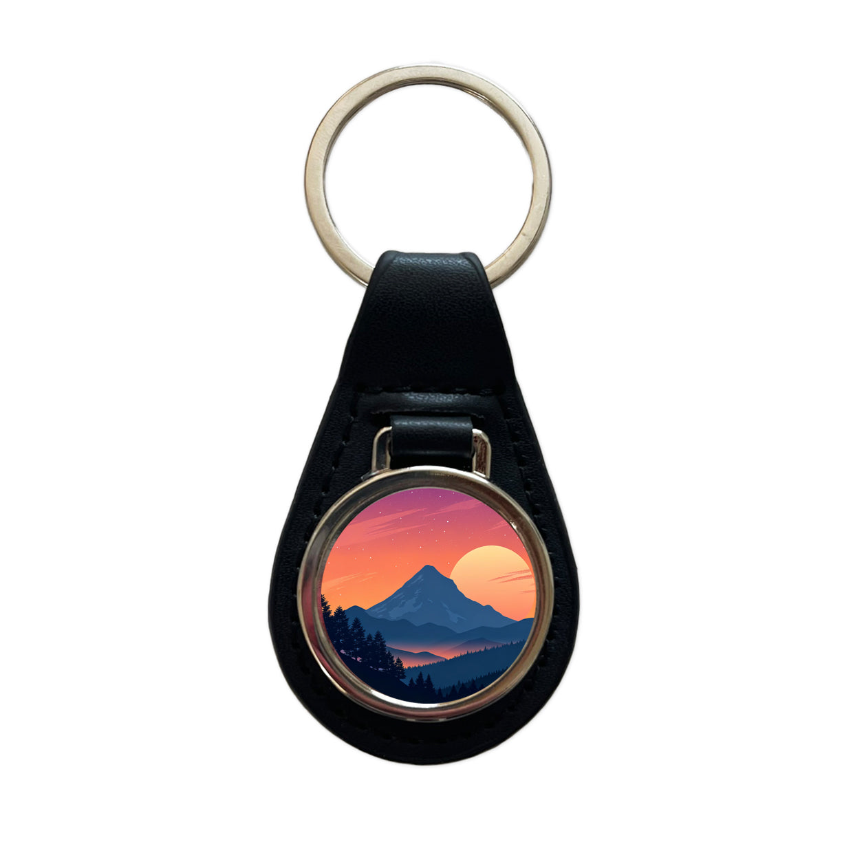 Beautiful Mountain Sunset Black Leather Metal Keychain