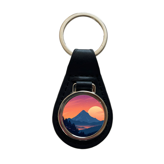 Beautiful Mountain Sunset Black Leather Metal Keychain