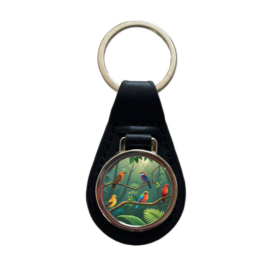 Birds In Jungle Colorful Black Leather Metal Keychain