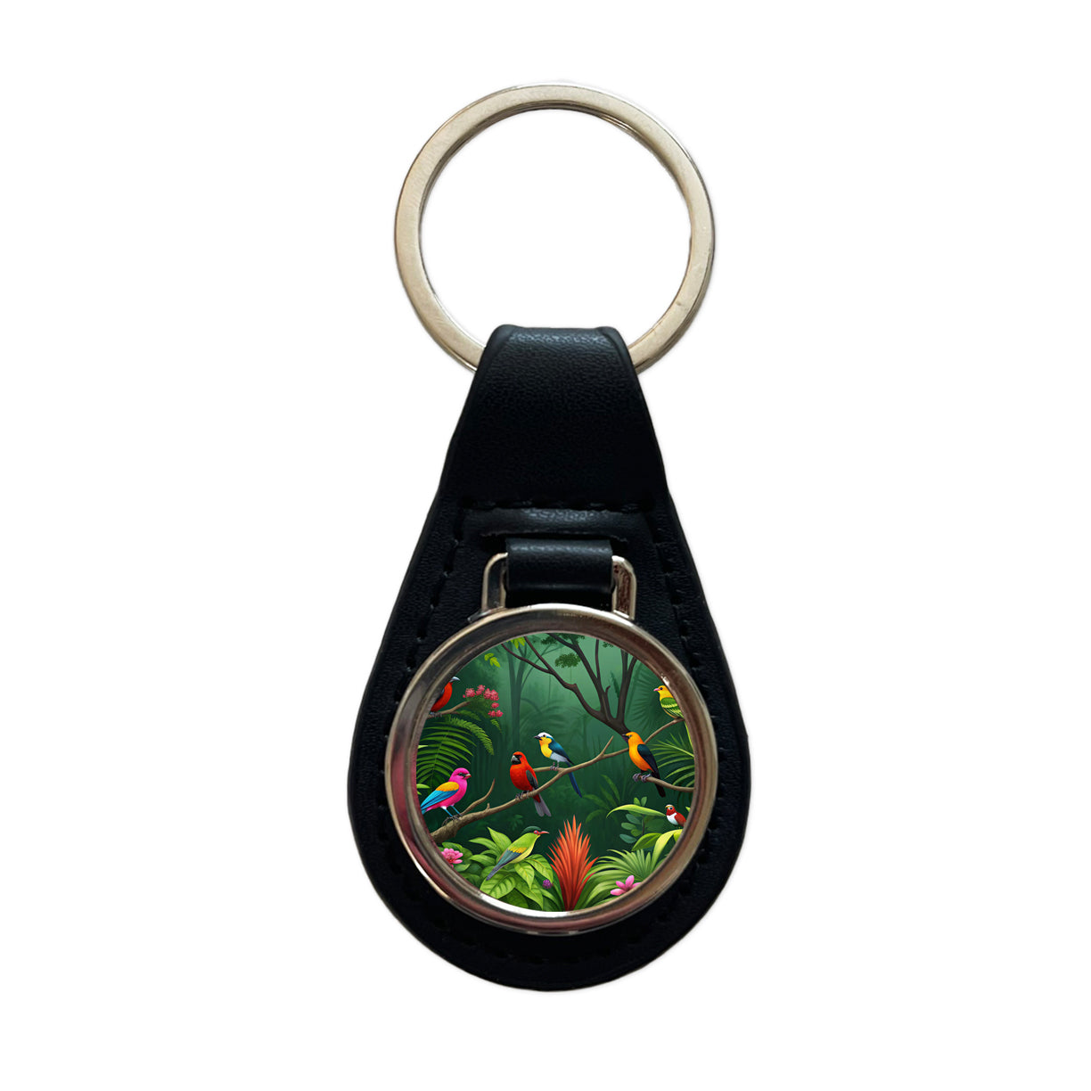Birds In Jungle Trees Ferns Black Leather Metal Keychain