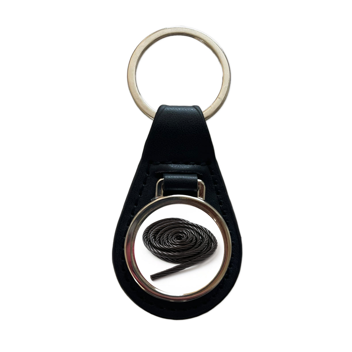 Black Licorice Rope Black Leather Metal Keychain