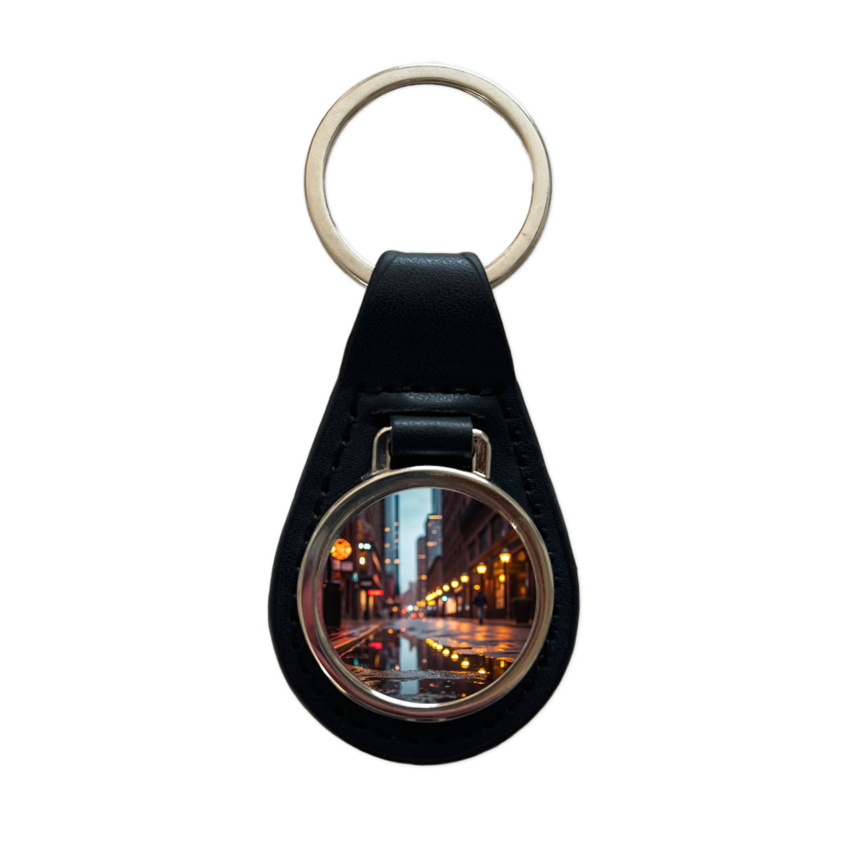 Blurred Lights Buildings City Rainy Street Black Leather Metal Keychain
