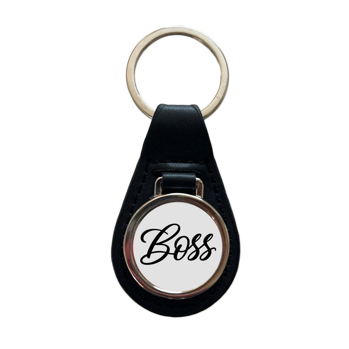 Boss Script Black Leather Metal Keychain
