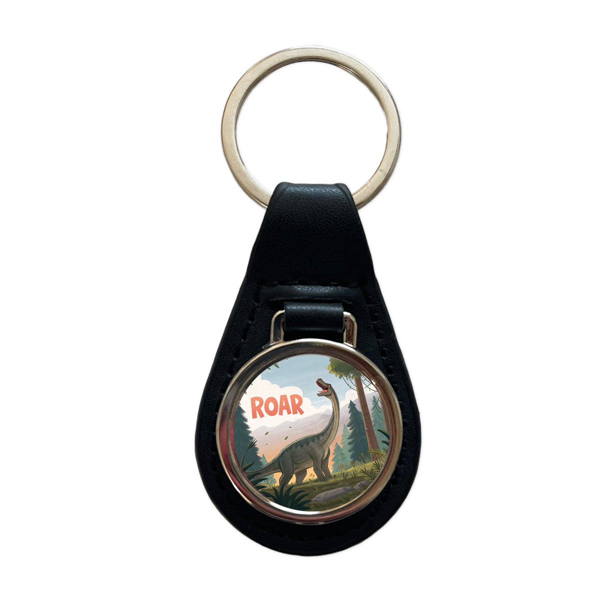 Brachiosaurus Roar Dinosaur Black Leather Metal Keychain