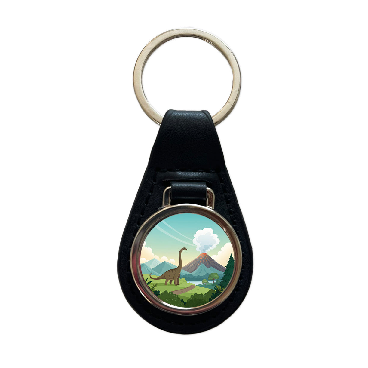 Brachiosaurus Volcano Erupting Dinosaur Black Leather Metal Keychain