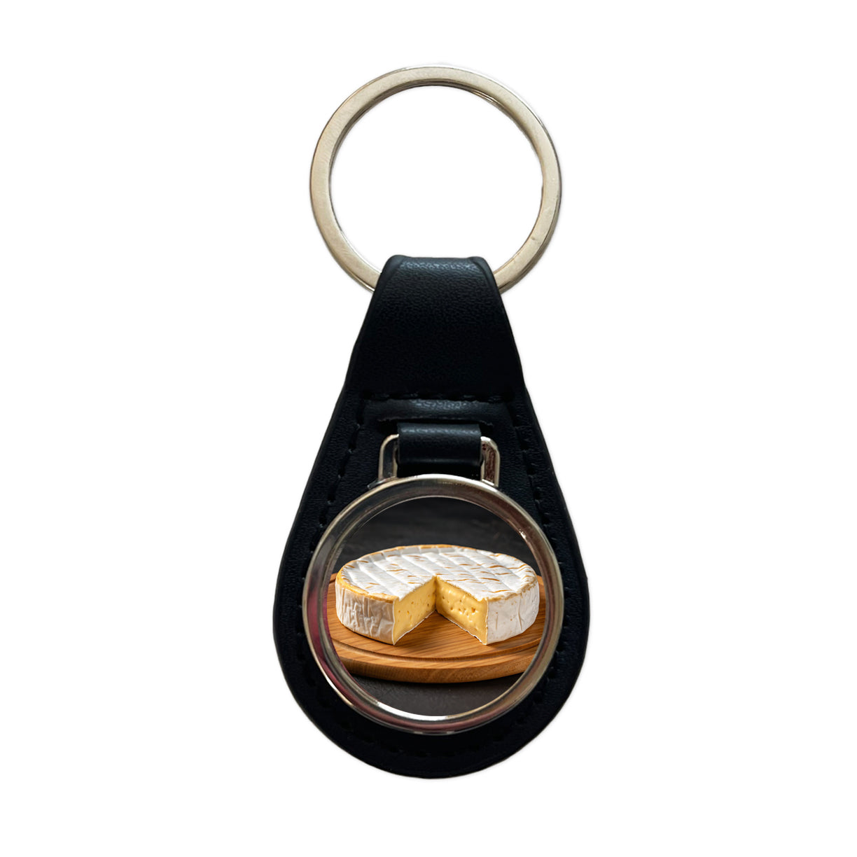 Brie Cheese Wheel Black Leather Metal Keychain