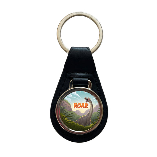 Brontosaurus Roar Dinosaur Cute Black Leather Metal Keychain