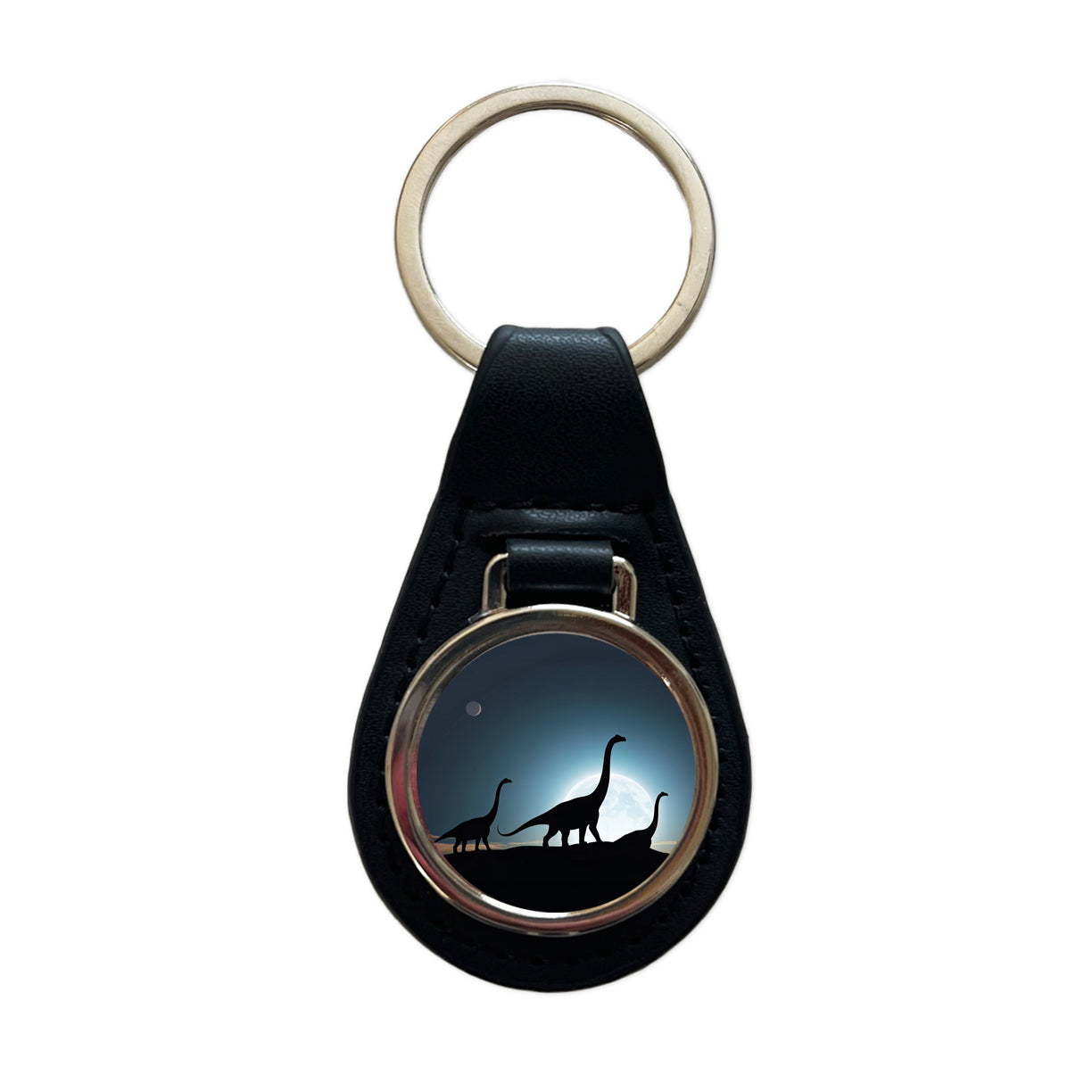 Brontosaurus Silhouettes Dinosaurs Night Sky Black Leather Metal Keychain