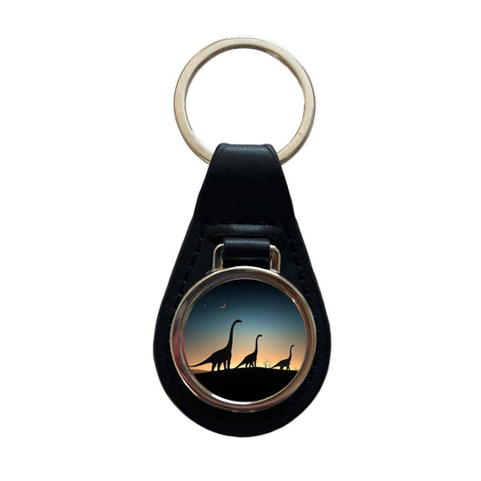 Brontosaurus Silhouettes Night Dinosaurs Black Leather Metal Keychain