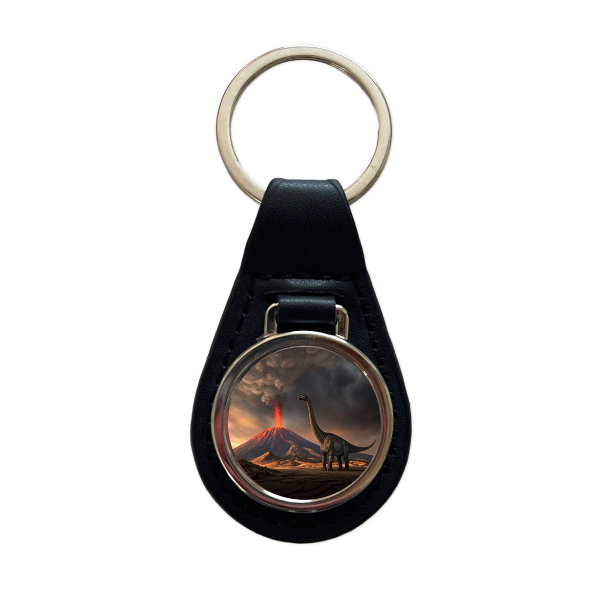 Brontosaurus Volcano Dinosaur Black Leather Metal Keychain