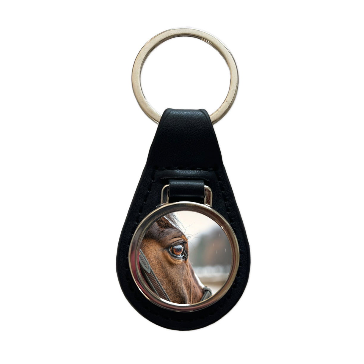 Brown Horse Eye Close Up Black Leather Metal Keychain